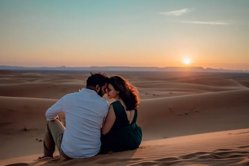 Couple watching the sunset over the Sahara dunes on a Morocco holiday package